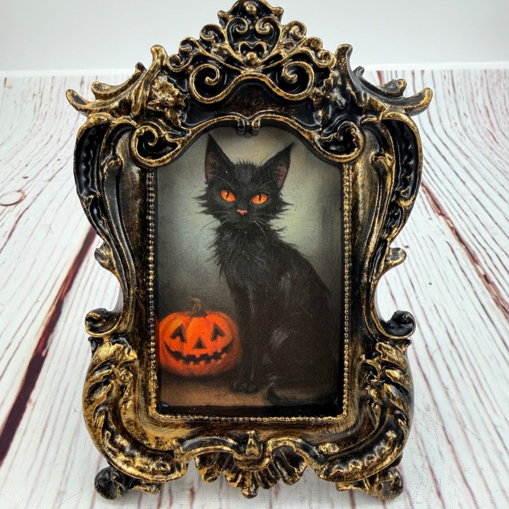 Handmade Halloween Black Cat Decoupage Art Ornate Gold Resin Frame